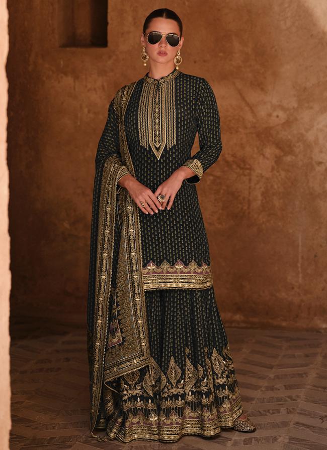 Crepe Silk Black Wedding Wear Swarovski Work Readymade Sharara Suit